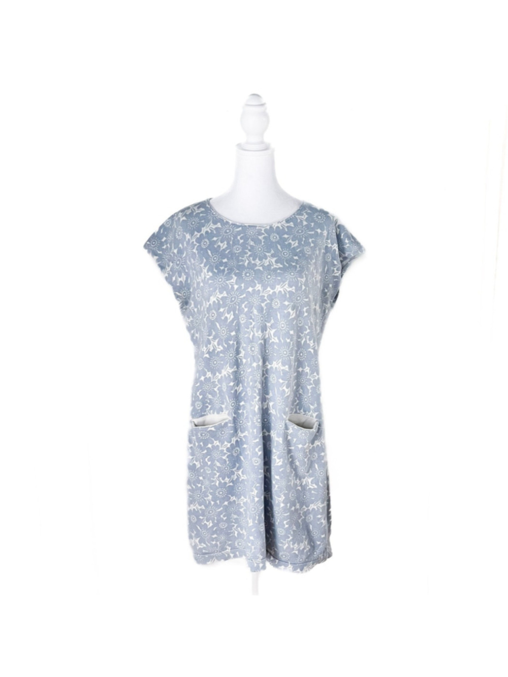 Gudrun Sjödén Women's 100% Organic Cotton Knit Dress Floral Blue Lagenlook Sz M